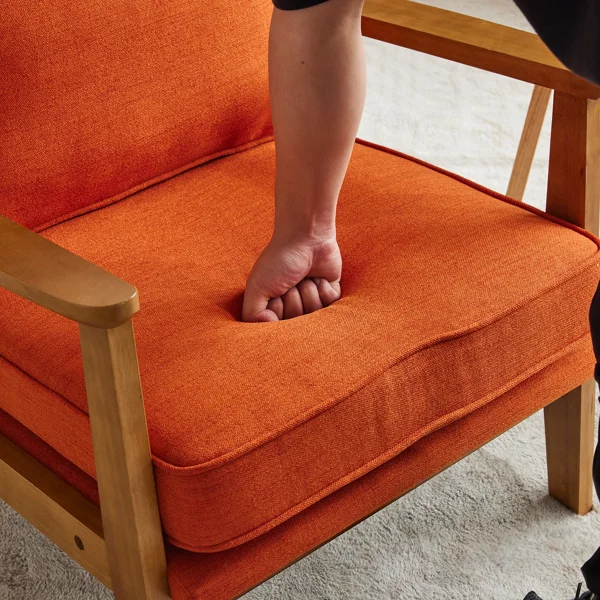 Mid-Century Modern Accent Chair with Wooden Frame - Oak Armrest, Linen-Cotton Burnt Orange Upholstery, Single Seater Lounge Chair for Living Room (Weight Capacity 330LBS) view 6