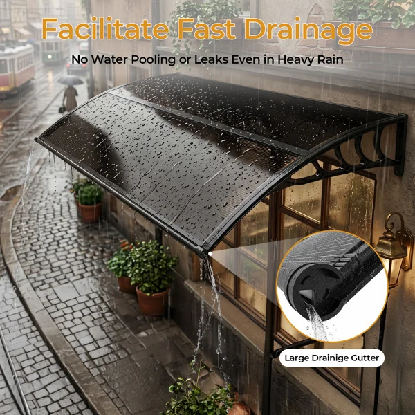Awning for Door Entrance with Drainage Sink, 40x60 Inch Window Canopy Exterior, UV Rain Snow Protection for House Porch Patio Deck, Black Bracket & Brown Board view 5