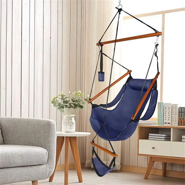 Oxford Cloth Hardwood With Cup Holder Wooden Stick Perforated 100kg Seaside Courtyard Oxford Cloth Hanging Chair Blue view 2