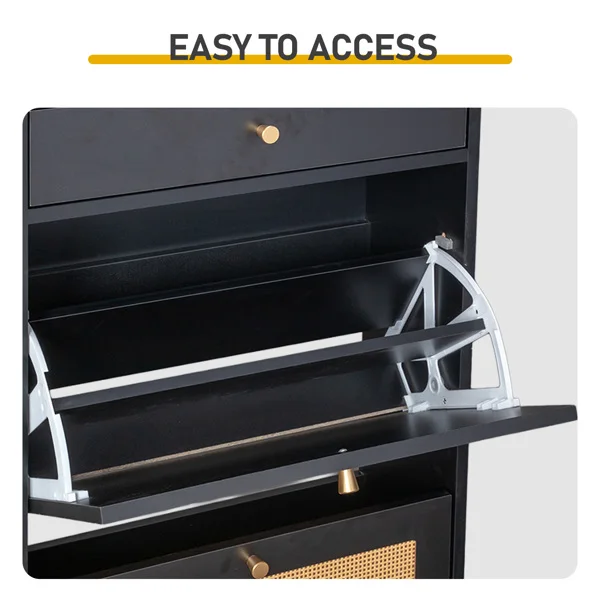 Rattan-front shoe cabinet with 1 drawer and 2 flip-down compartments, particleboard, 54*24*110cm, black view 4