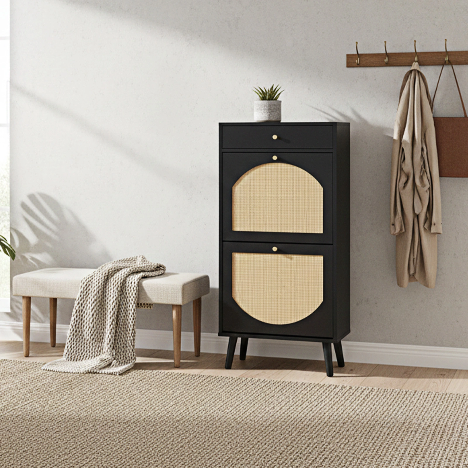 Rattan Front Shoe Cabinet 1 Drawer 2 Flip-Down Compartments Particleboard Shoe Storage 54x24x110cm Black view 10