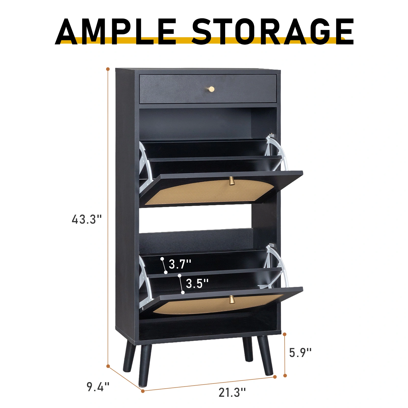 Rattan Front Shoe Cabinet 1 Drawer 2 Flip-Down Compartments Particleboard Shoe Storage 54x24x110cm Black view 11