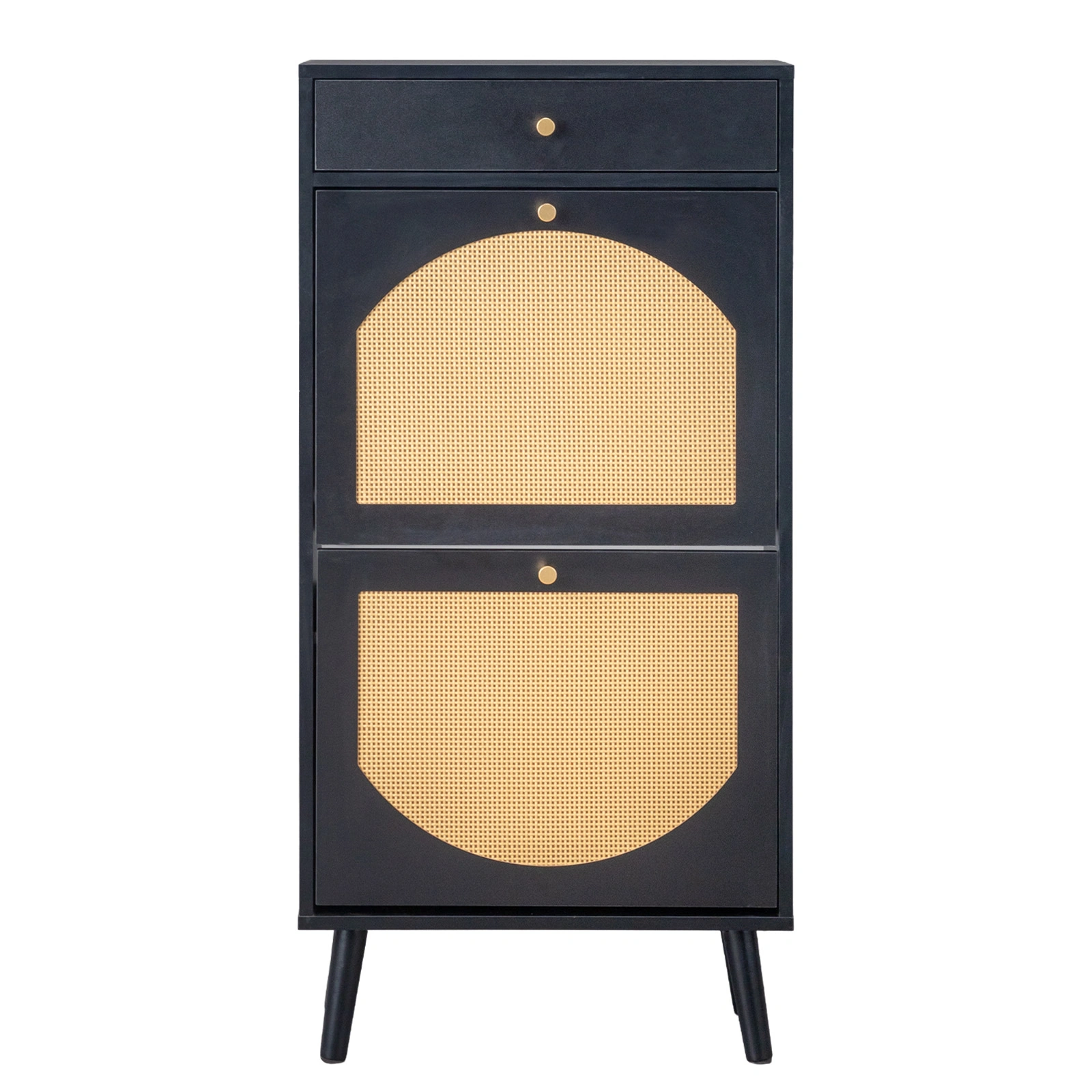 Rattan Front Shoe Cabinet 1 Drawer 2 Flip-Down Compartments Particleboard Shoe Storage 54x24x110cm Black view 2