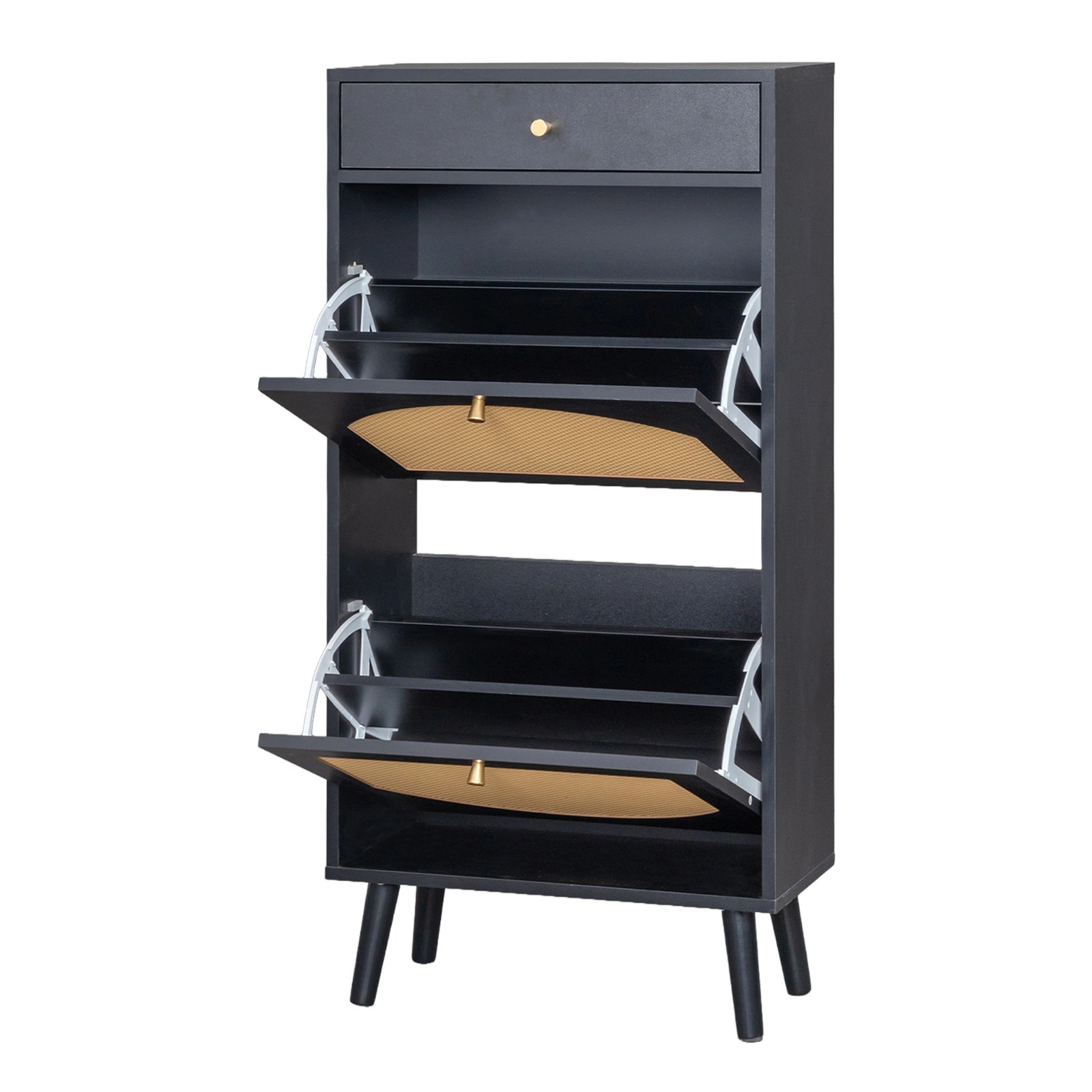 Rattan Front Shoe Cabinet 1 Drawer 2 Flip-Down Compartments Particleboard Shoe Storage 54x24x110cm Black view 3
