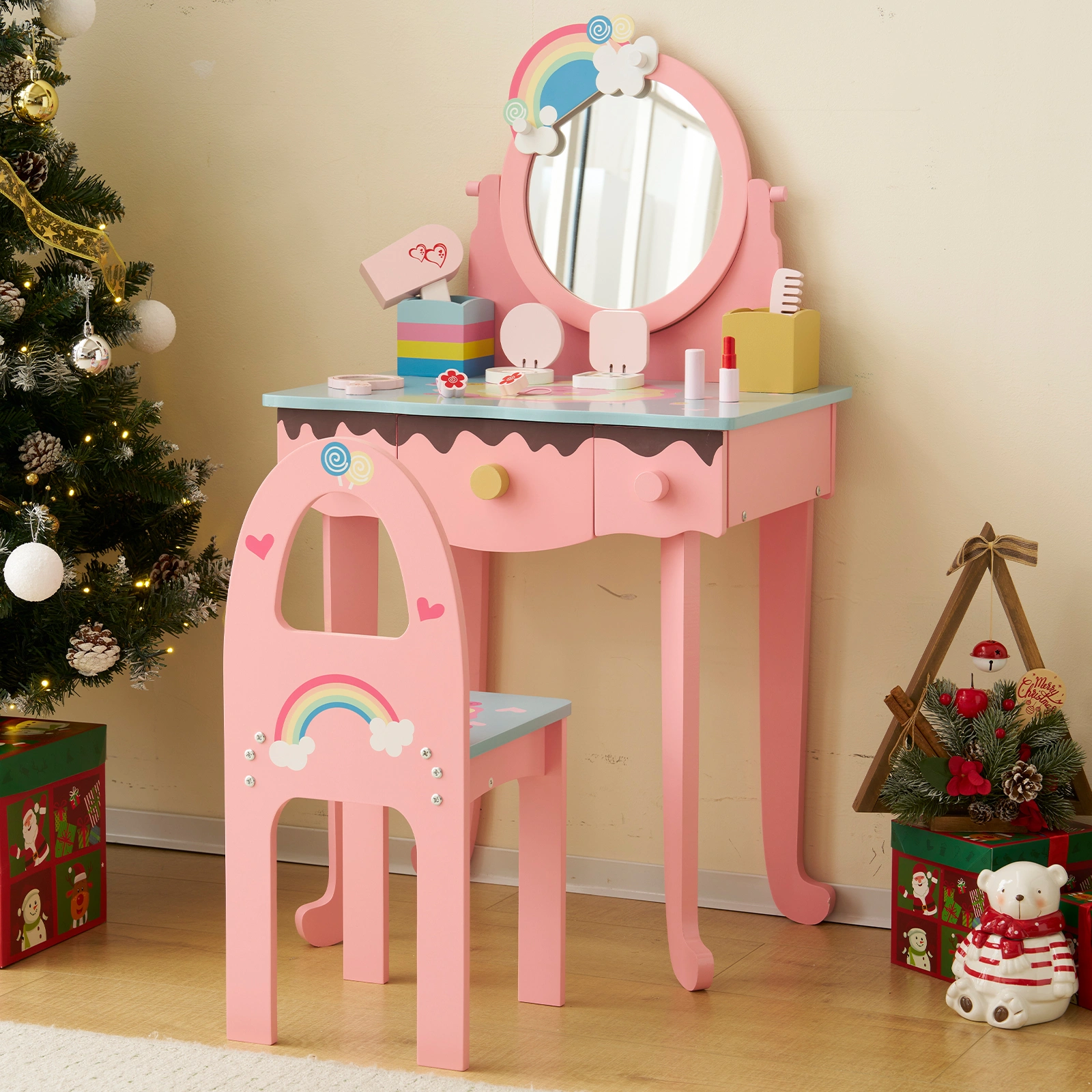 Kids Vanity Table and Chair Set with 7pcs Pretend Play Makeup Toys, Girls Vanity with Mirror & Stool, 3 Drawers, Pink