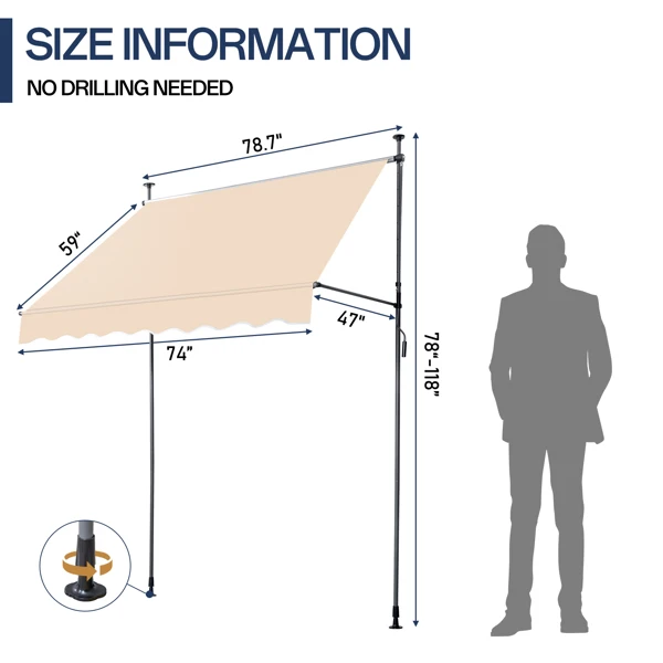 78.7"D x 47.2"W x (78.7 -118.1)"H Retractable Awning Khaki view 6