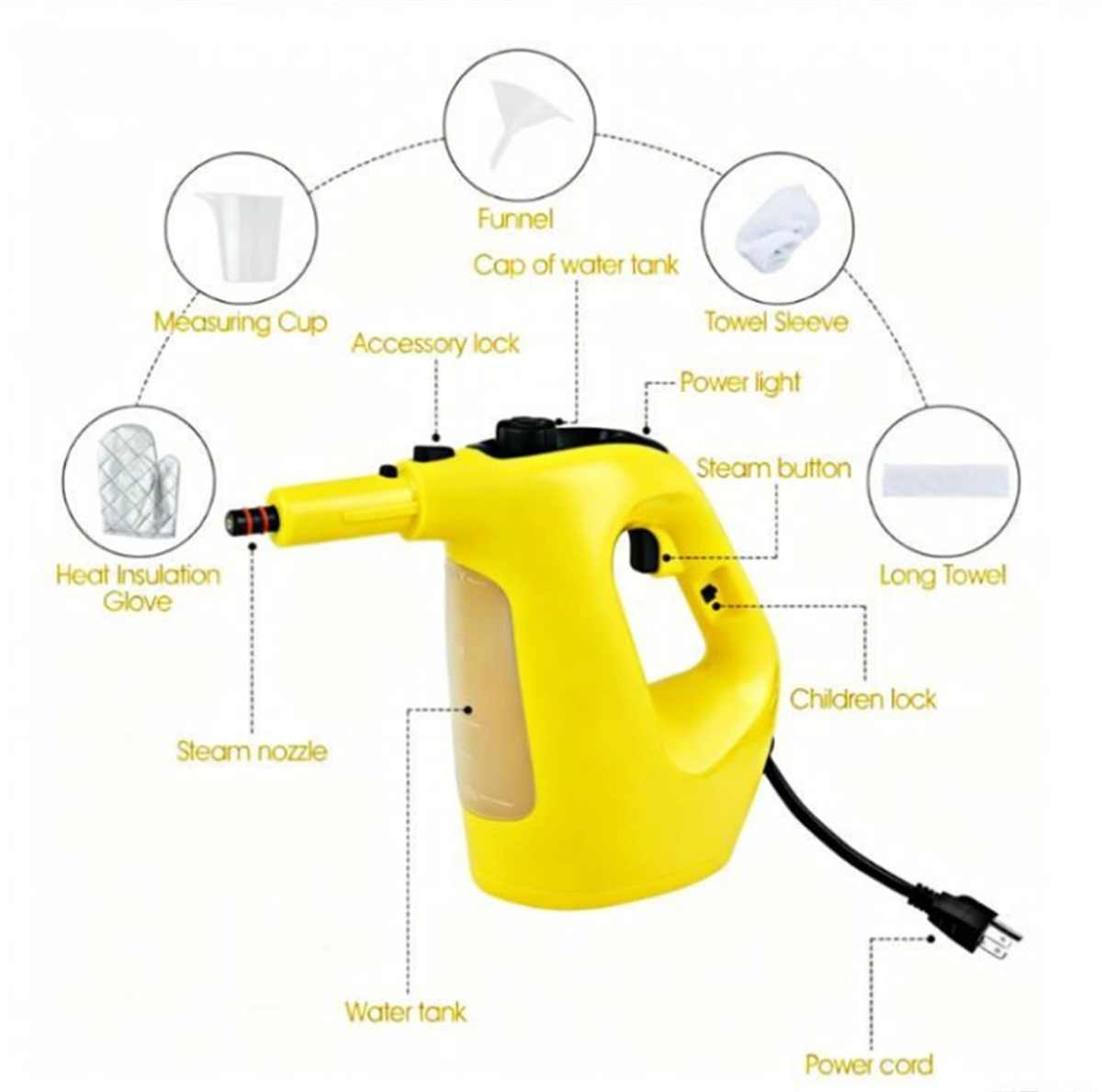 1400W Handheld Steam Cleaner, 257°F High Pressure Steam Mop with 14-Piece Accessories, Chemical-Free for Kitchen Bathroom Car Floor, Yellow view 3