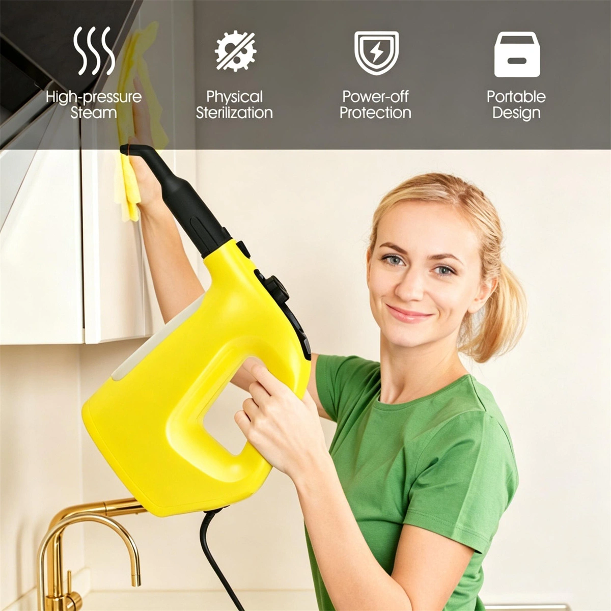 1400W Handheld Steam Cleaner, 257°F High Pressure Steam Mop with 14-Piece Accessories, Chemical-Free for Kitchen Bathroom Car Floor, Yellow view 9