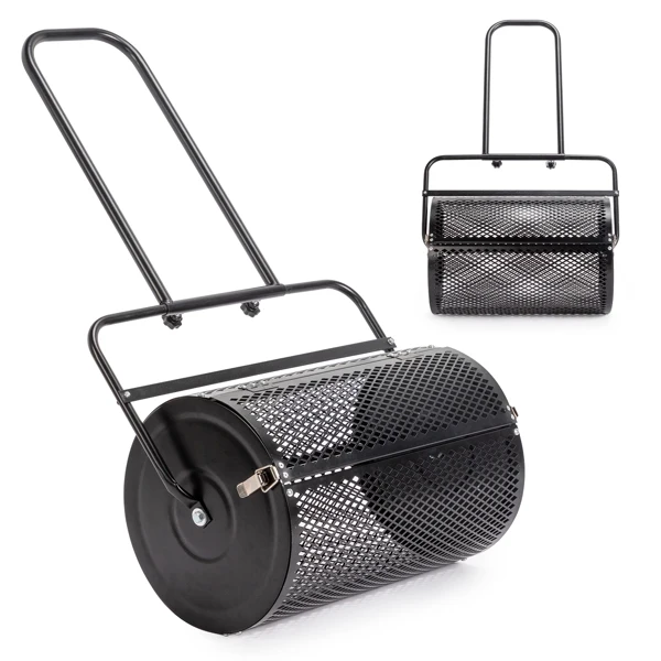 24 inch Compost Spreader for Lawn, Garden Peat Moss Roller with Double Side Latches, Powder Coated Steel Mesh Basket for Topdressing & Seedling, Black view 2