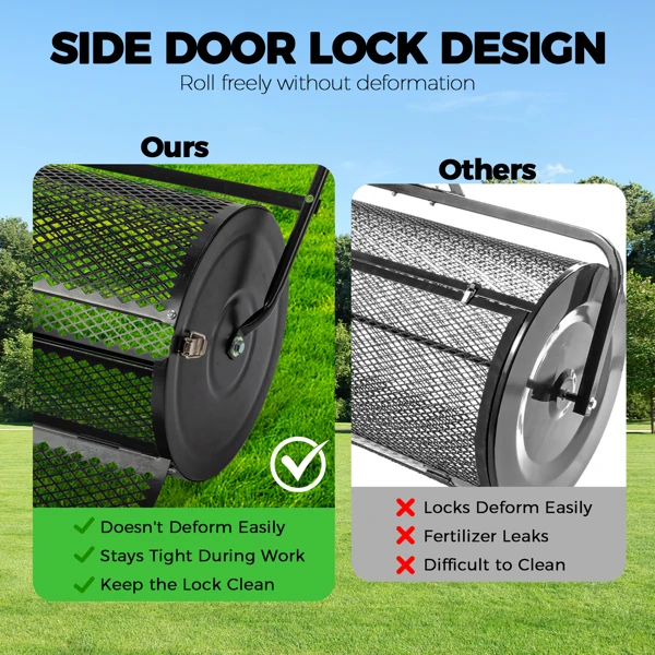 24 inch Compost Spreader for Lawn, Garden Peat Moss Roller with Double Side Latches, Powder Coated Steel Mesh Basket for Topdressing & Seedling, Black view 4
