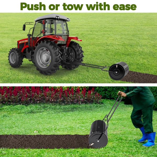 24 inch Compost Spreader for Lawn, Garden Peat Moss Roller with Double Side Latches, Powder Coated Steel Mesh Basket for Topdressing & Seedling, Black view 5
