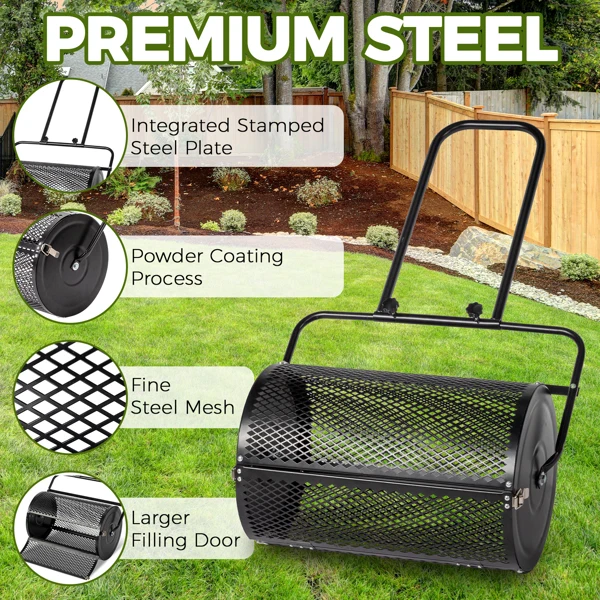 24 inch Compost Spreader for Lawn, Garden Peat Moss Roller with Double Side Latches, Powder Coated Steel Mesh Basket for Topdressing & Seedling, Black view 6