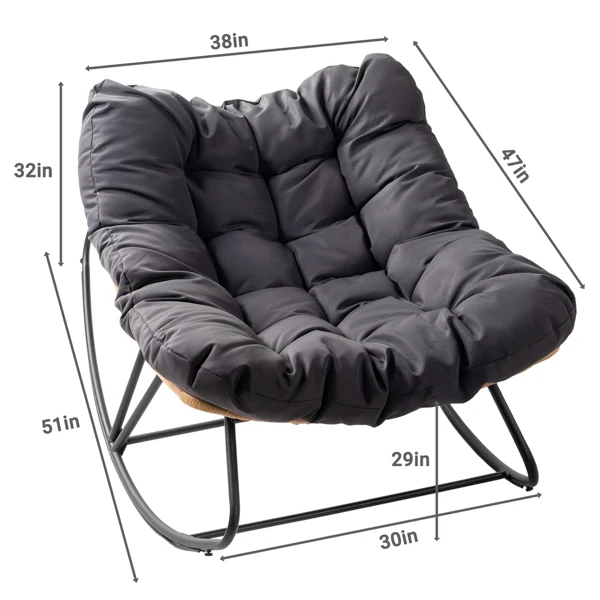 Oversized Rattan Papasan Chair, Outdoor Steel Wicker Rocking Seating with Thick Padded Cushion for Patio, Living Room, Backyard, Porch (Yellow Wicker & Gray Cushion) view 5