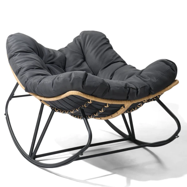 Oversized Rattan Papasan Chair, Outdoor Steel Wicker Rocking Seating with Thick Padded Cushion for Patio, Living Room, Backyard, Porch (Yellow Wicker & Gray Cushion)