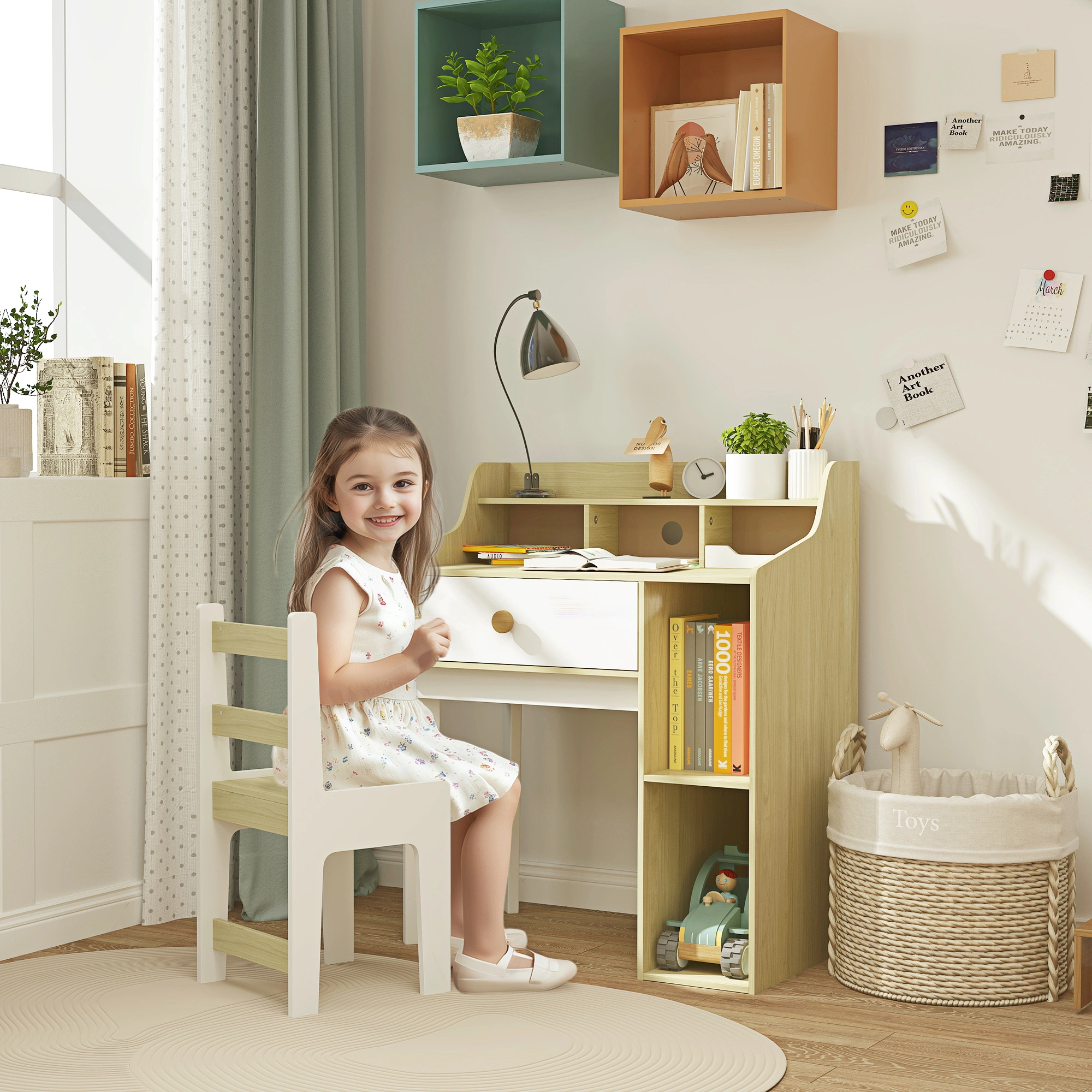 Kids Desk and Chair Set, 28" Adjustable Height Children Writing Table, Compact Study Desk with Storage Organizer, Plastic/Wood, for Ages 2-8