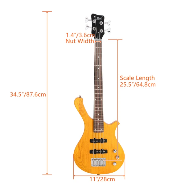 [Do Not Sell on Amazon GW101 36in Small Scale Electric Bass Guitar Suit With Mahogany Body SS Pickups, Guitar Bag, Strap, Cable Transparent Yellow view 2