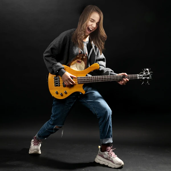 [Do Not Sell on Amazon GW101 36in Small Scale Electric Bass Guitar Suit With Mahogany Body SS Pickups, Guitar Bag, Strap, Cable Transparent Yellow view 6