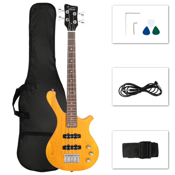 [Do Not Sell on Amazon GW101 36in Small Scale Electric Bass Guitar Suit With Mahogany Body SS Pickups, Guitar Bag, Strap, Cable Transparent Yellow