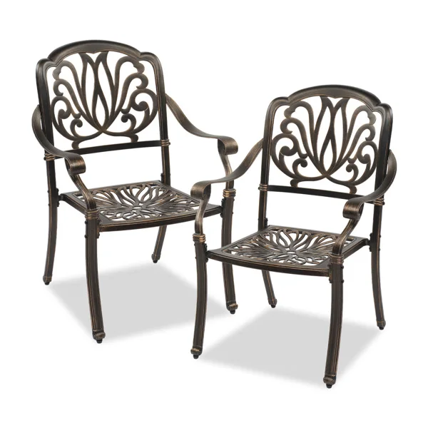 Set of 2 Cast Aluminum Patio Dining Chairs, Stackable Outdoor Bistro Chairs with Armrests for Balcony Backyard Garden Deck, Antique Bronze (Without Cushions) view 2