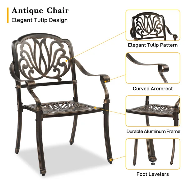 Set of 2 Cast Aluminum Patio Dining Chairs, Stackable Outdoor Bistro Chairs with Armrests for Balcony Backyard Garden Deck, Antique Bronze (Without Cushions) view 4