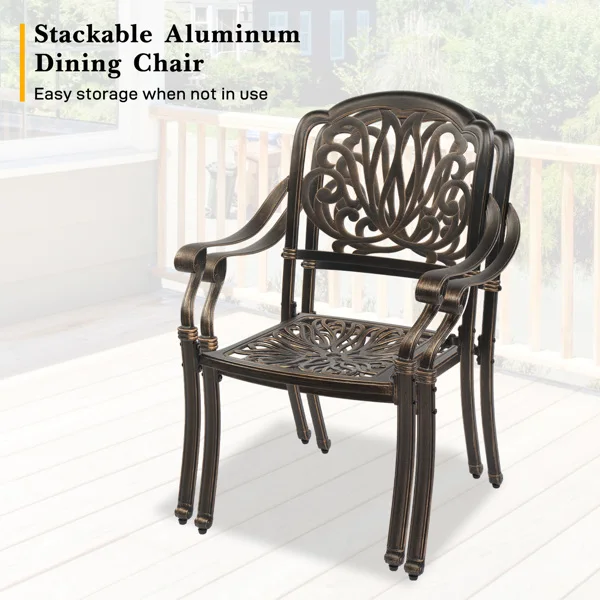 Set of 2 Cast Aluminum Patio Dining Chairs, Stackable Outdoor Bistro Chairs with Armrests for Balcony Backyard Garden Deck, Antique Bronze (Without Cushions) view 5