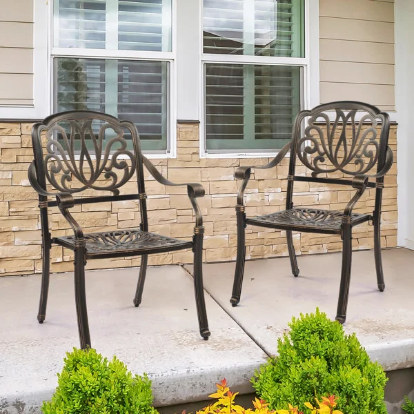 Set of 2 Cast Aluminum Patio Dining Chairs, Stackable Outdoor Bistro Chairs with Armrests for Balcony Backyard Garden Deck, Antique Bronze (Without Cushions) view 6