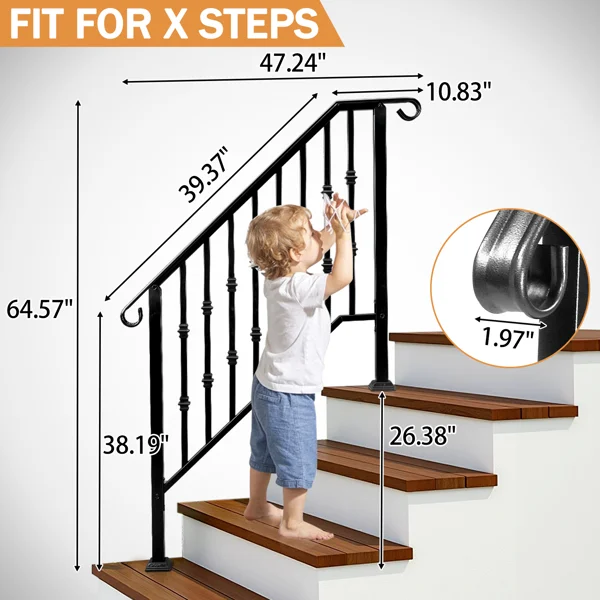 Matte Black Outdoor 3 Level Iron Handrail view 4