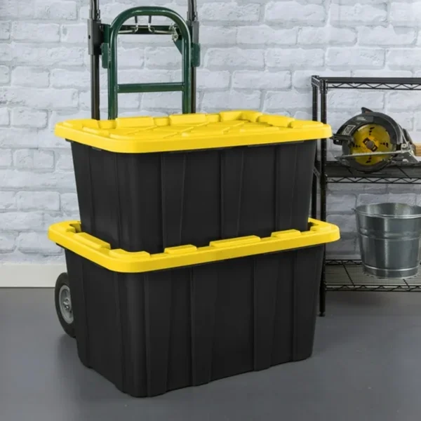 Large Storage Bin, 27 Gallon Durable Plastic Storage Tote with Snap-On Lid, Black and Yellow, 6 Pack view 3