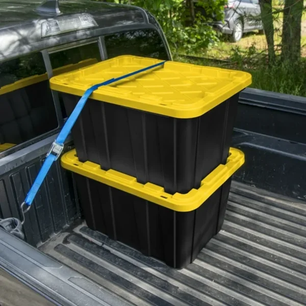 Large Storage Bin, 27 Gallon Durable Plastic Storage Tote with Snap-On Lid, Black and Yellow, 6 Pack view 4