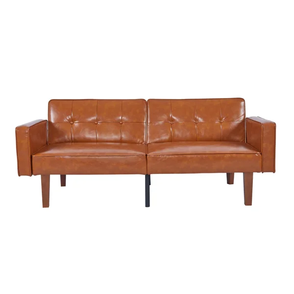 Modern PU Leather Futon Sofa with Tufted Backrest, Adjustable Reclining Couch with Wood & Metal Legs, Mid-Century Style Sofa for Living Room view 3
