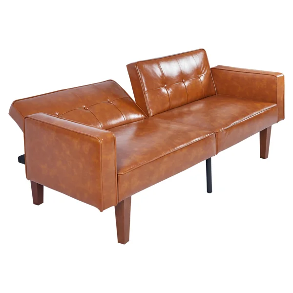 Modern PU Leather Futon Sofa with Tufted Backrest, Adjustable Reclining Couch with Wood & Metal Legs, Mid-Century Style Sofa for Living Room view 5