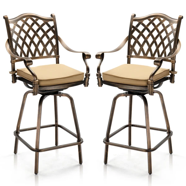 Outdoor Swivel Bar Stools Set of 2, Cast Aluminum Patio Bar Height Chairs, All-Weather Bar Dining Chairs Outdoor Swivel Chairs Furniture (Grid Back)