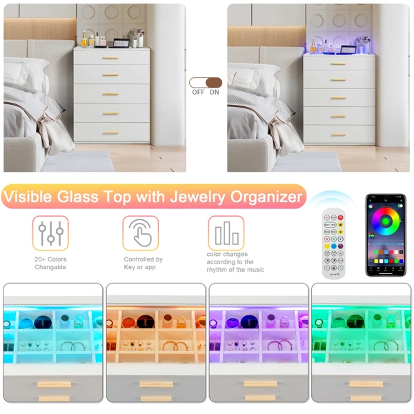 Particleboard Wood Three Drawers With LED Light Bedside Table Dresser Nightstand White view 5