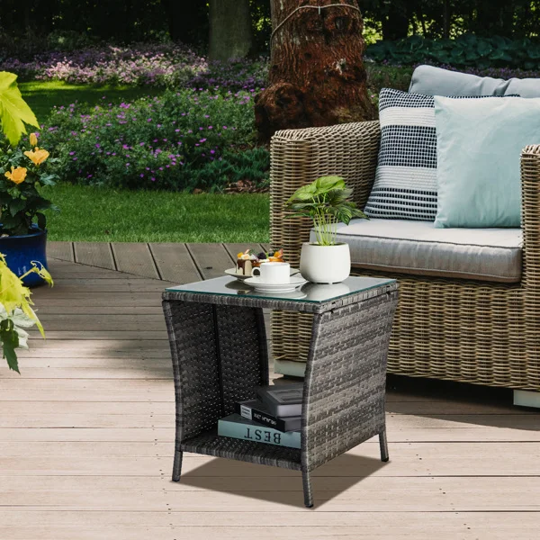 Outdoor Patio Wicker Side Table, Square End Table Bistro Coffee Table with Glass Top Storage Shelf for Porch Garden Backyard Grey view 3