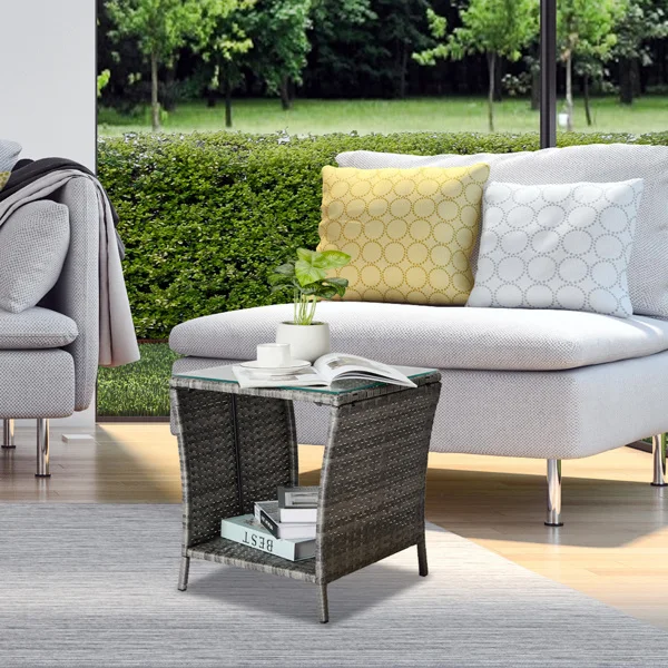 Outdoor Patio Wicker Side Table, Square End Table Bistro Coffee Table with Glass Top Storage Shelf for Porch Garden Backyard Grey view 4