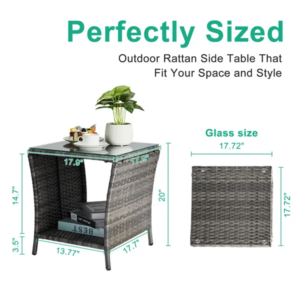 Outdoor Patio Wicker Side Table, Square End Table Bistro Coffee Table with Glass Top Storage Shelf for Porch Garden Backyard Grey view 5
