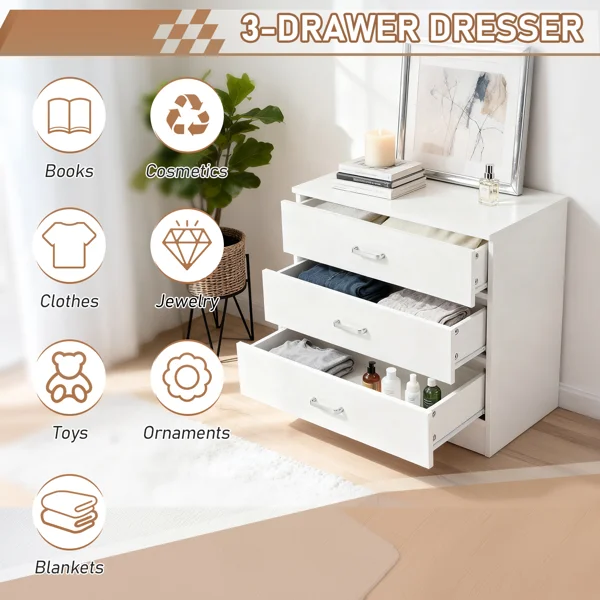 3-Drawer P2 Particleboard Bedside Table with Melamine Finish Drawer Cabinet Lockers 25.98*12.99*22.05in White =75682614 view 4