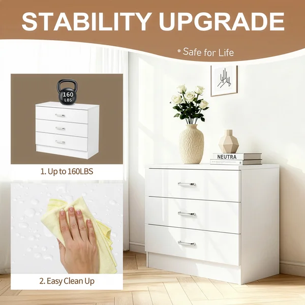 3-Drawer P2 Particleboard Bedside Table with Melamine Finish Drawer Cabinet Lockers 25.98*12.99*22.05in White =75682614 view 5
