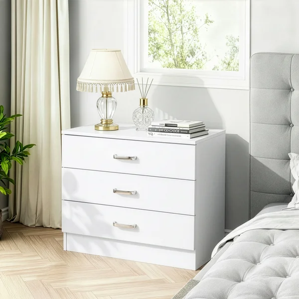 3-Drawer P2 Particleboard Bedside Table with Melamine Finish Drawer Cabinet Lockers 25.98*12.99*22.05in White =75682614