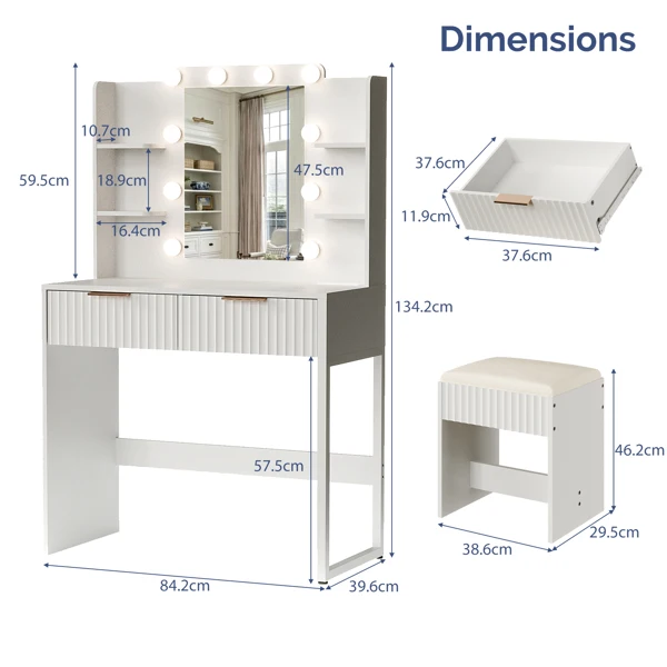 White particleboard with a melamine finish, 2 drawers, 4 shelves, a dressing table set with 10 three-tone light bulbs, a power strip, and a grille. view 4