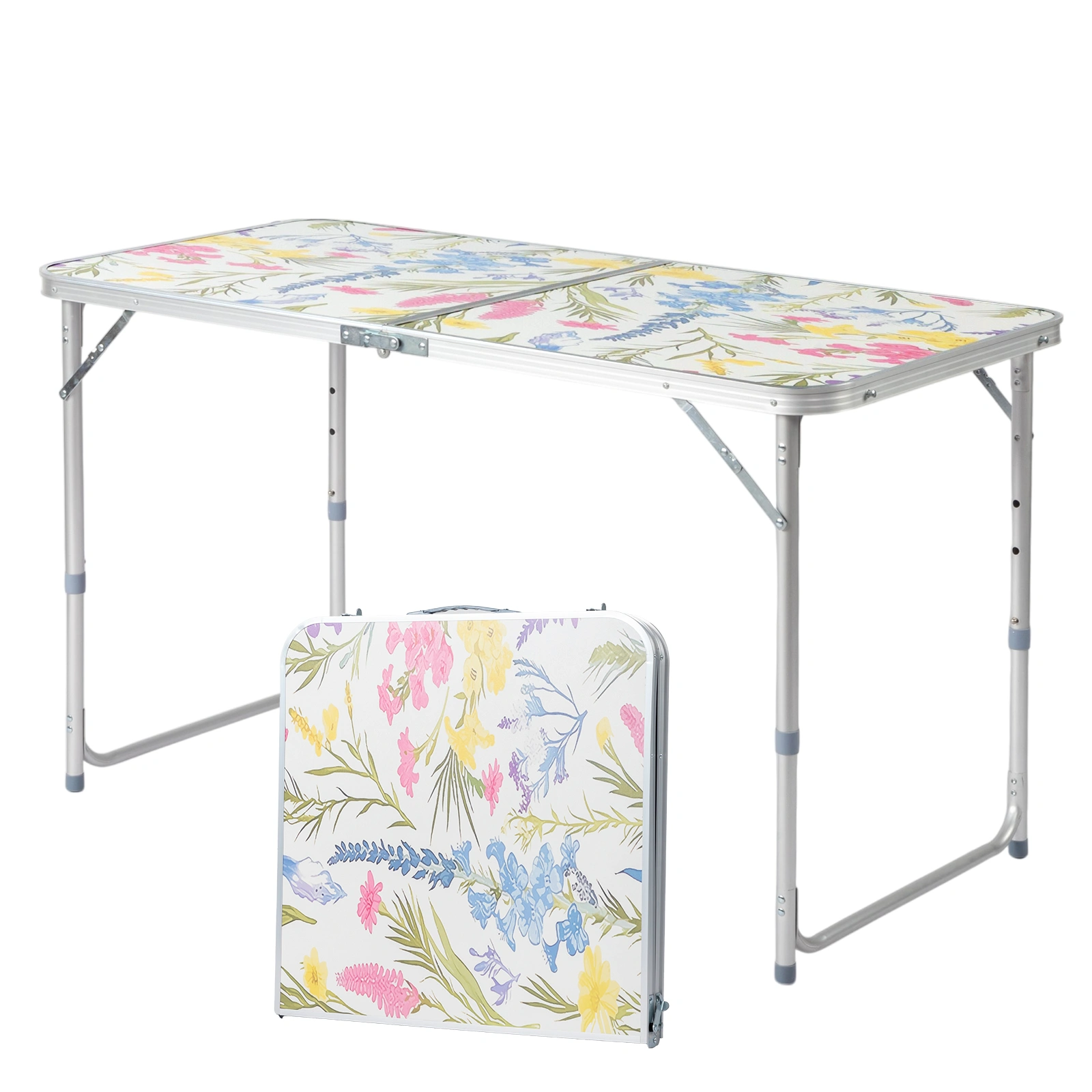 4 Ft Rectangular Folding Table, 23.82 in Width, 3-Level Adjustable Height, Aluminum Frame, 110 lbs Capacity, Floral Print, Outdoor Camping Picnic Party