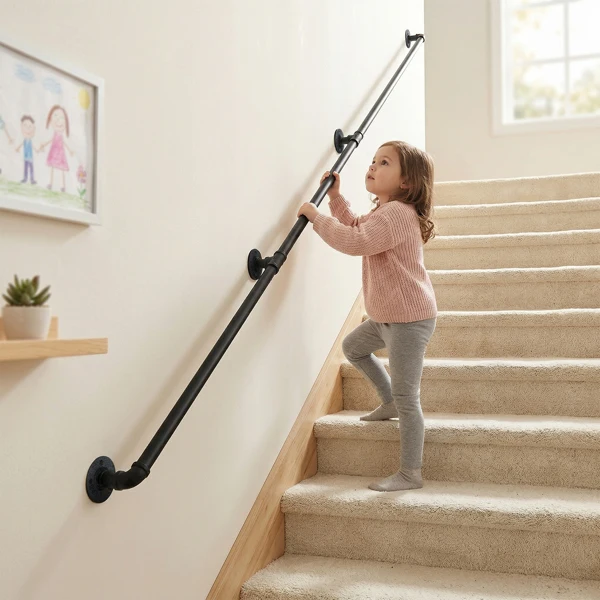 12FT three-section iron courtyard stair handrail black view 3