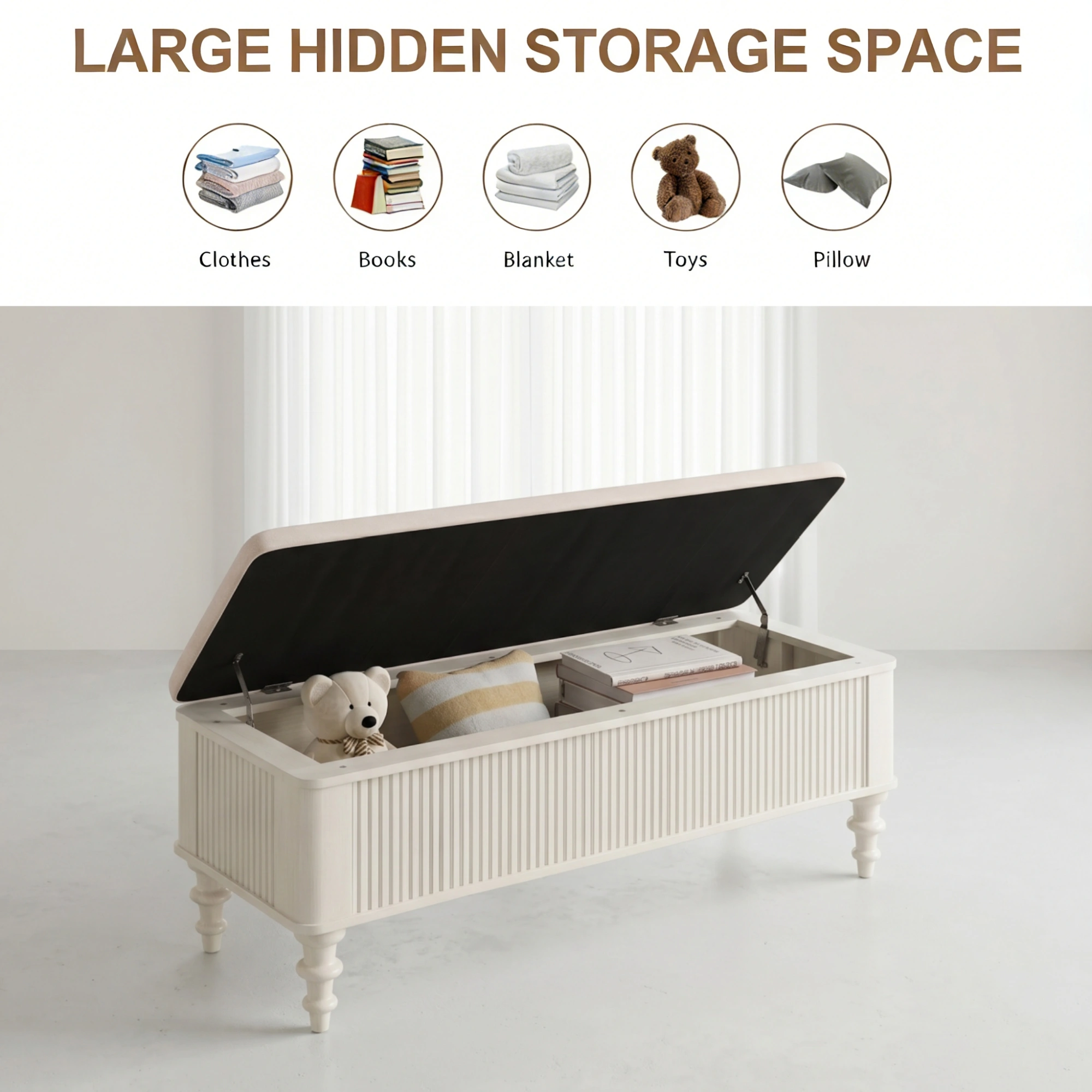 8 inch Storage Ottoman Bench with Linen Seat, Solid Rubberwood Bed End Bench, Beige Upholstered Shoe Storage Bench for Bedroom, Entryway, Living Room view 4