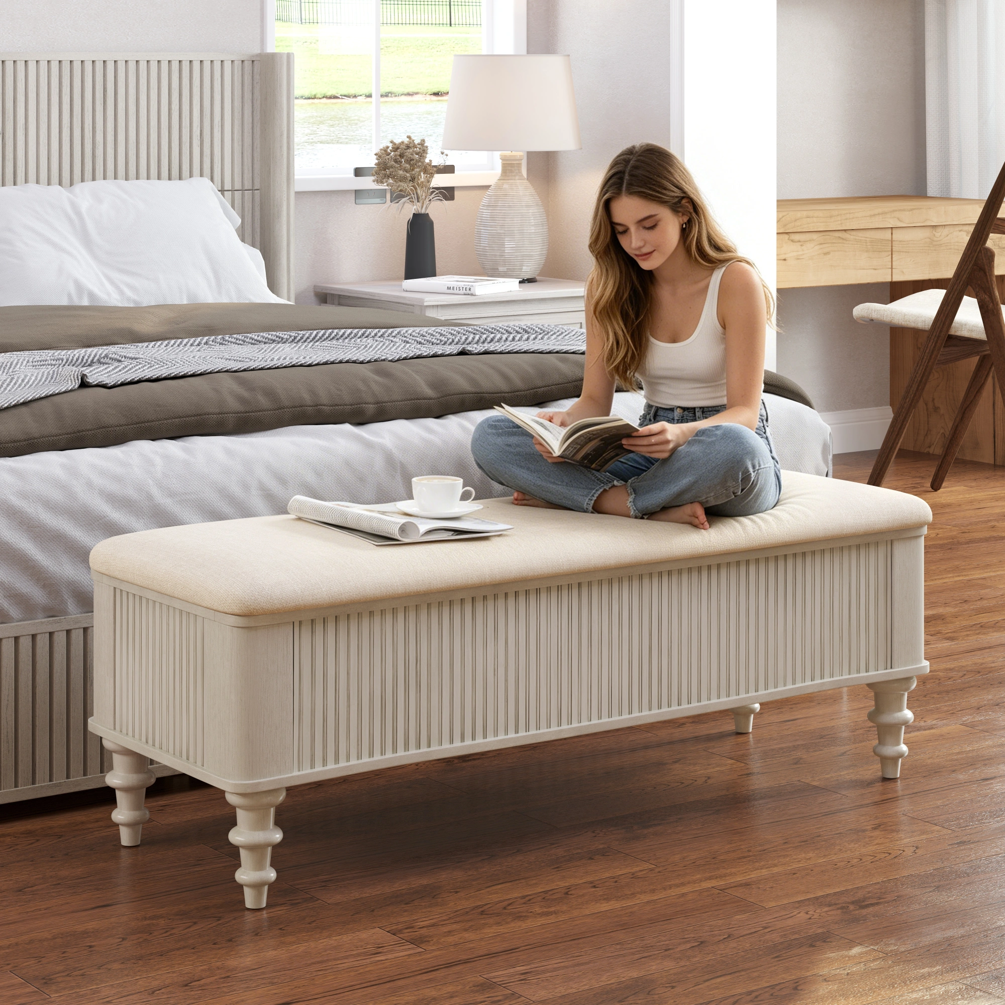 8 inch Storage Ottoman Bench with Linen Seat, Solid Rubberwood Bed End Bench, Beige Upholstered Shoe Storage Bench for Bedroom, Entryway, Living Room view 8