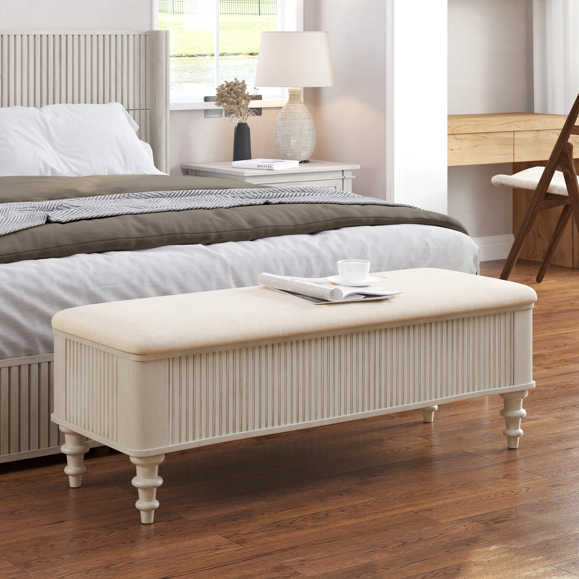8 inch Storage Ottoman Bench with Linen Seat, Solid Rubberwood Bed End Bench, Beige Upholstered Shoe Storage Bench for Bedroom, Entryway, Living Room view 9