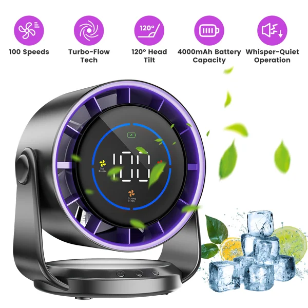 Portable USB Table Fan 100 Speed Settings Real-Time LCD Display Battery Indicator, 120 Degree Adjustable Tilt Desktop Wall Mount 4000mAh Wireless Cooling Fan