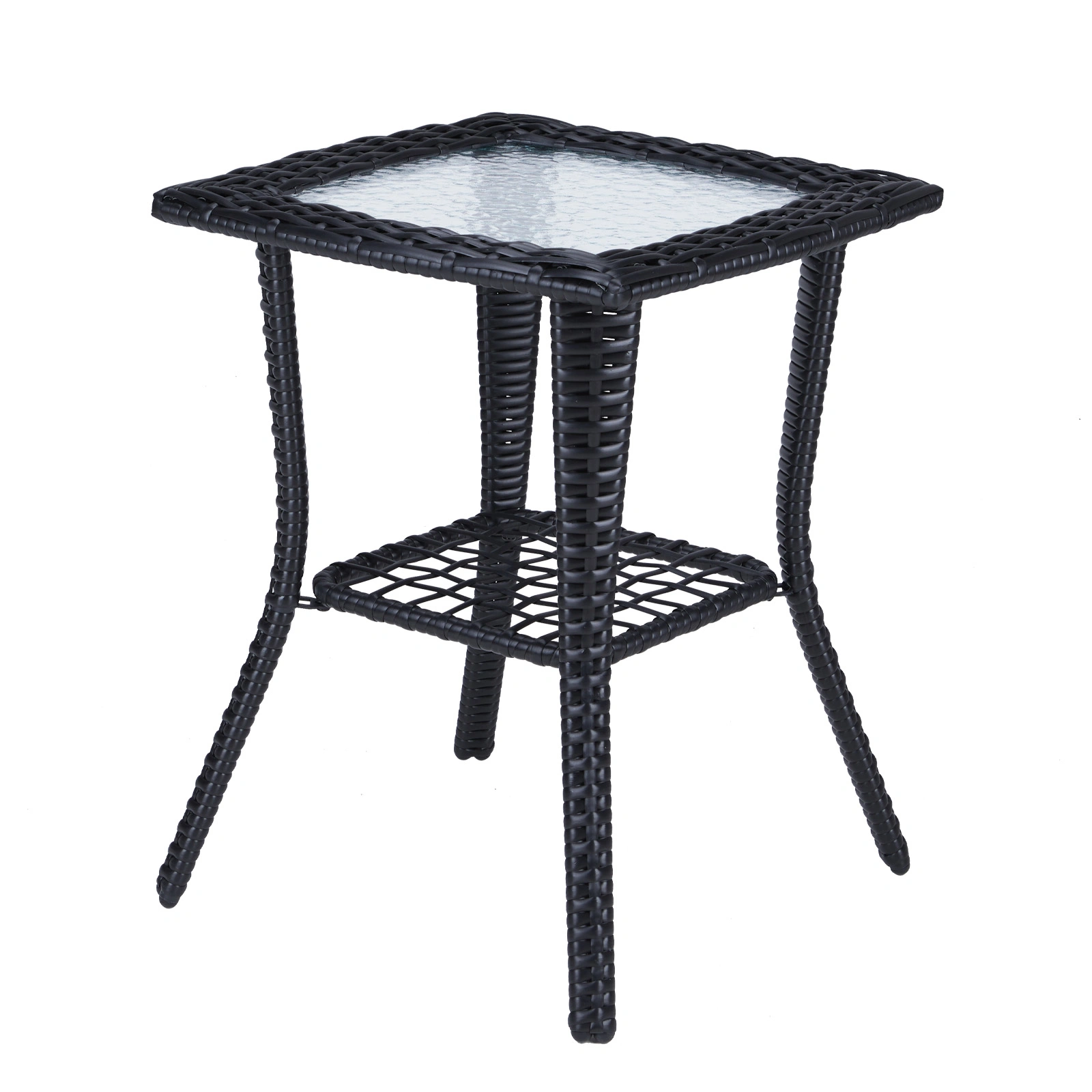 Outdoor Wicker Side Table with Tempered Glass Top - Black Rattan Patio End Table for Garden, Balcony, Porch, Indoor Bistro