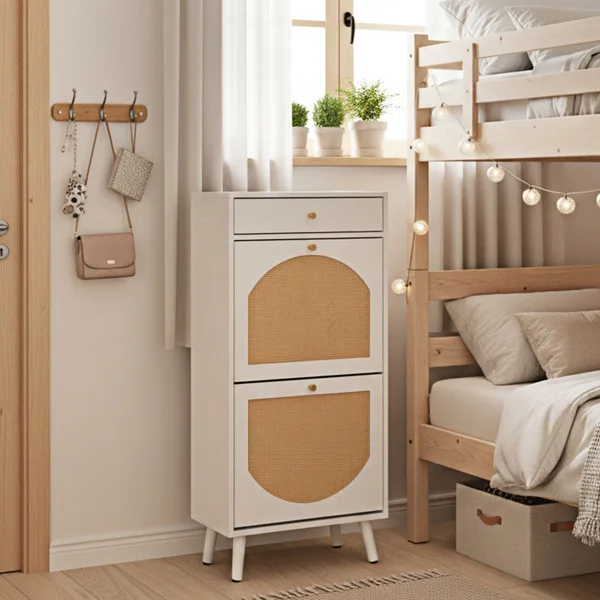 Rattan-front shoe cabinet with 1 drawer and 2 flip-down compartments, particleboard, 54*24*110cm, white