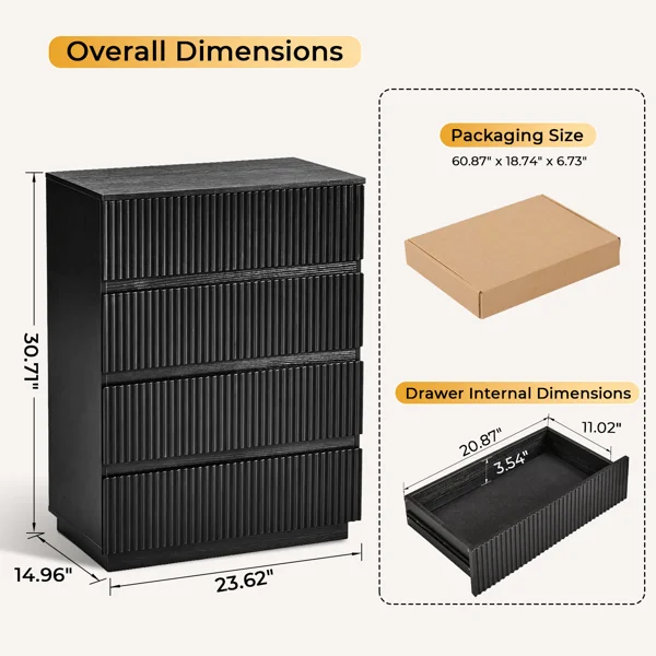 Handleless Grille-Finished 4-Drawer Bedside Table P2 Particleboard + MDF & Melamine Veneer + Thermoformed Drawer Dresser 23.62*14.96*30.71in Black view 5