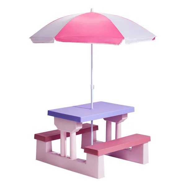 Kids Outdoor Table and Chair Sets with Removable Umbrella, Kids Picnic Table for Backyard Garden Patio, Pink & Purple view 3